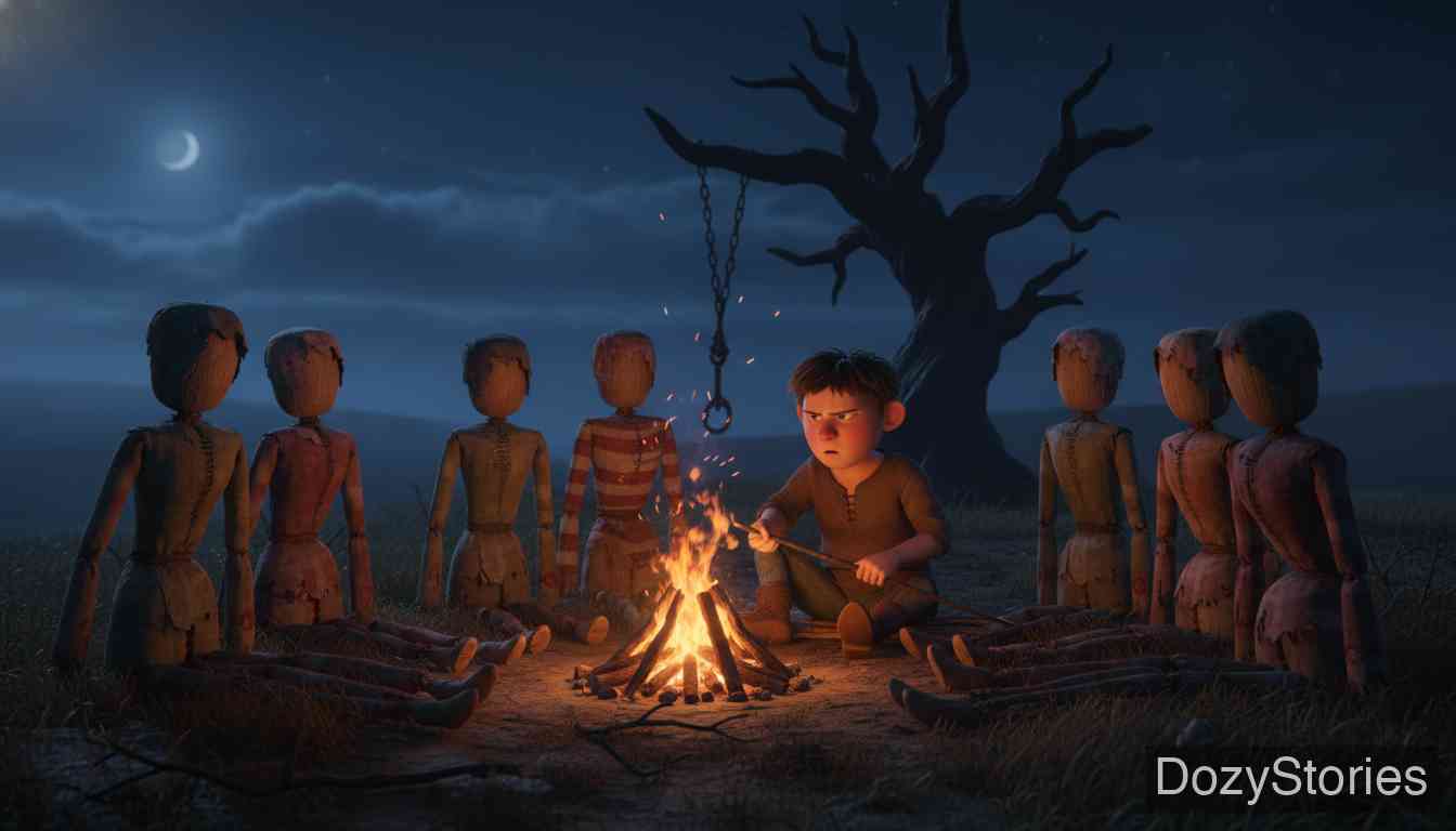 The Story of the Youth Who Went Forth to Learn What Fear Was - The boy sets out with his coins and spends the night under a gallows. Out of pity he takes down seven hanged men to warm them by his fire; when they let their clothes burn without a word, he hangs them back up — and still has not learned to shudder. - Scene Illustration 2