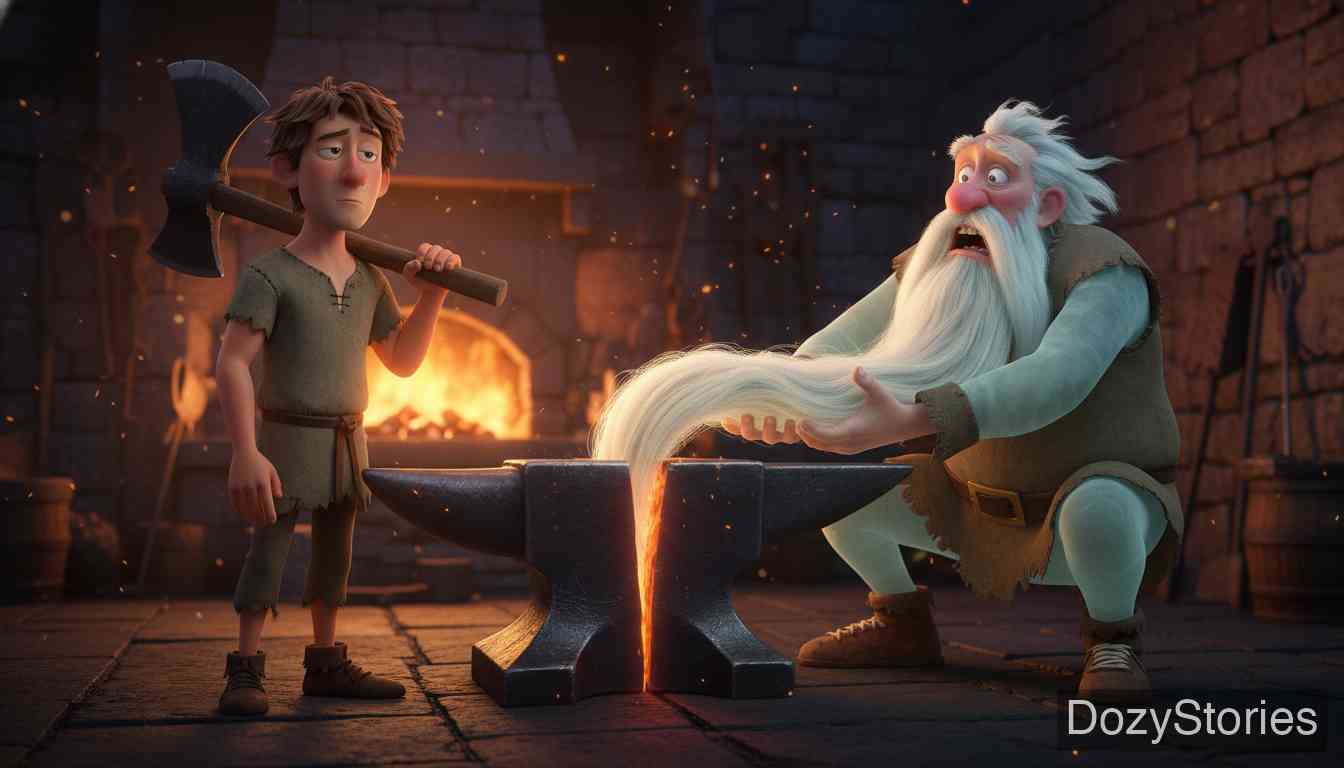 The Story of the Youth Who Went Forth to Learn What Fear Was - On the second night he plays ninepins with skulls; on the third he tries to warm his 'cousin' in a coffin, then traps a white-bearded ghost's beard in an anvil and wins three chests of gold — still without learning what 'shuddering' is. - Scene Illustration 4