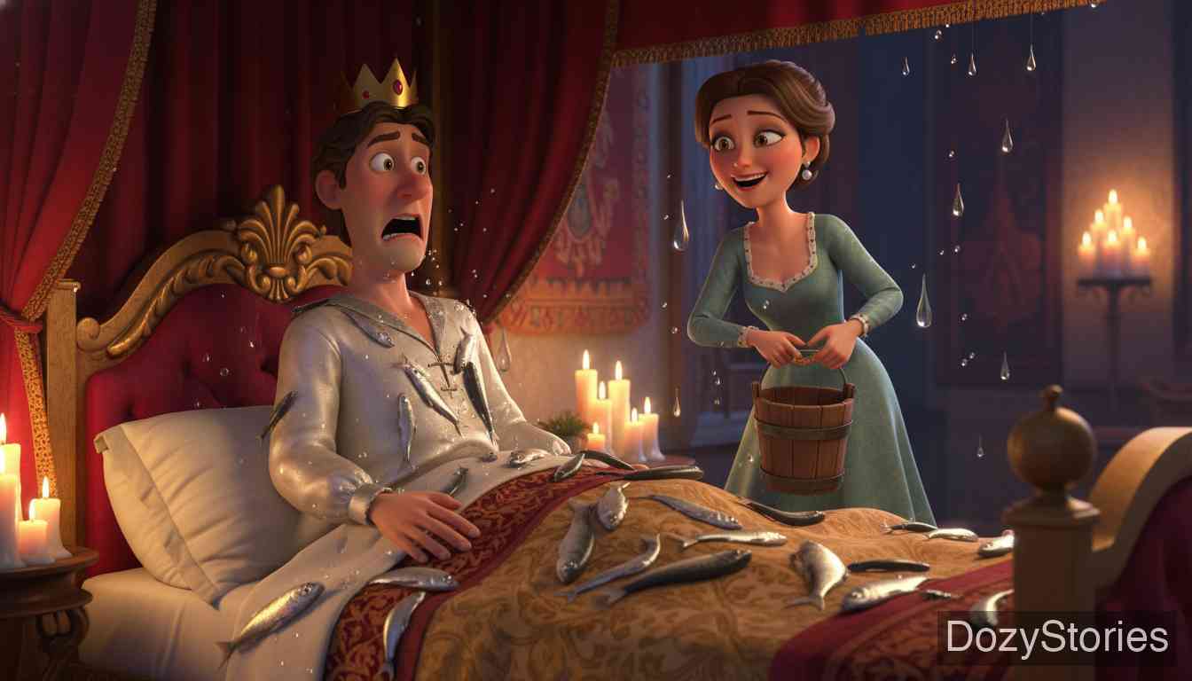 The Story of the Youth Who Went Forth to Learn What Fear Was - After the wedding the young king still mutters about learning to shudder. While he sleeps, his wife pours a bucket of cold water full of live fish over him, and at last he learns what 'shuddering' feels like. - Scene Illustration 5