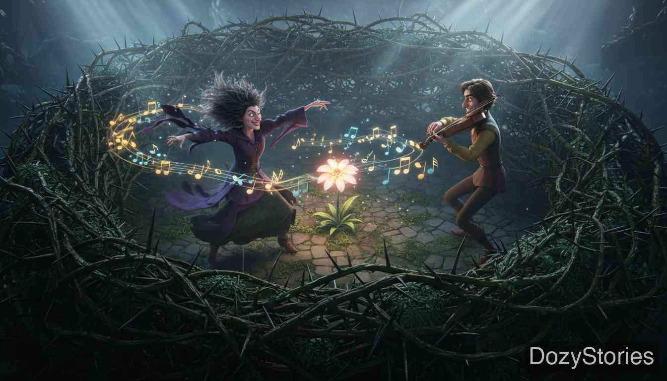 Sweetheart Roland - The witch chases the lovers, but the girl turns into a duck and then a flower, and Roland's magic tune makes the witch dance until she falls. - Scene Illustration 2