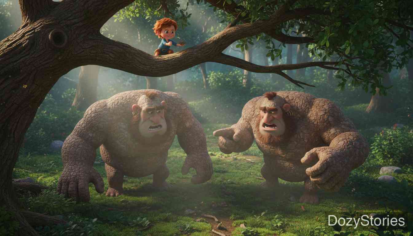The Brave Little Tailor - Taken for a hero at the palace, the tailor is sent to destroy two giants; he drops stones on them until they fight each other to death. - Scene Illustration 3