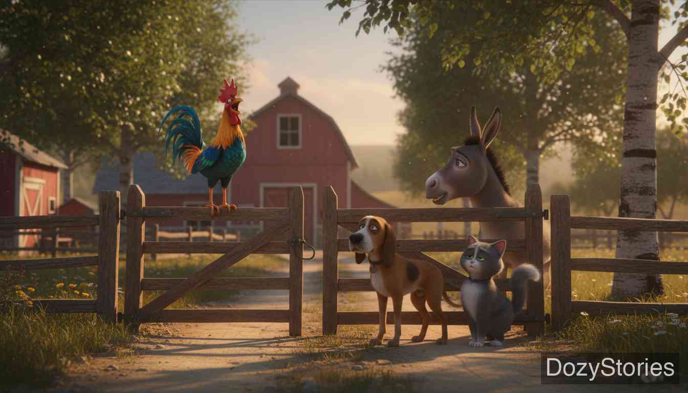 The Bremen Town Musicians - A gloomy cat and a rooster in danger of becoming soup join the travelers on the road to Bremen. - Scene Illustration 2