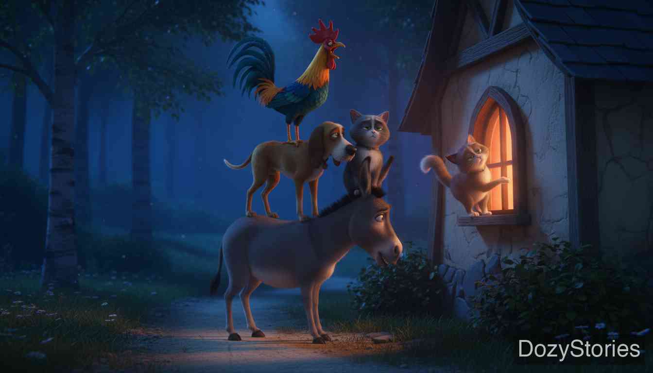 The Bremen Town Musicians - As night falls in the wood, the rooster spies a light, and the friends find a robbers' house and stack up to look inside. - Scene Illustration 3