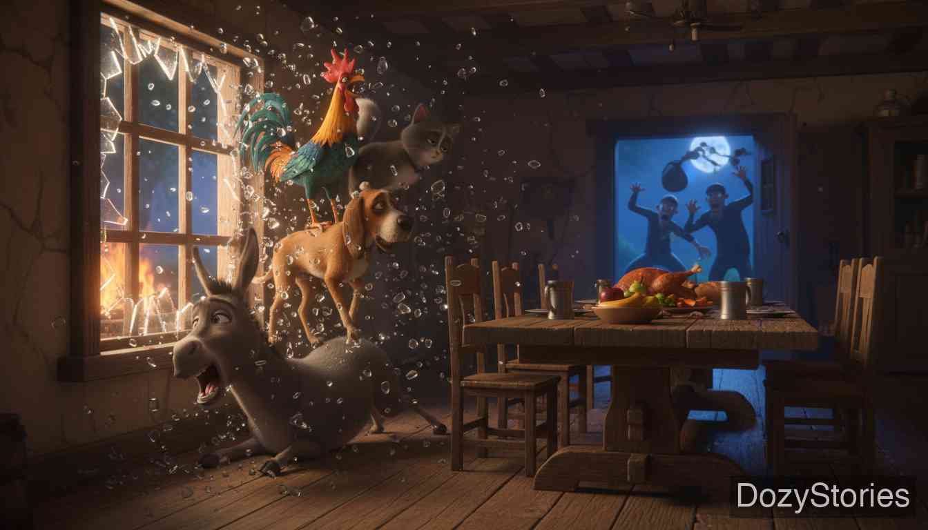 The Bremen Town Musicians - The four raise a wild 'concert' and crash through the window, scaring the robbers into the wood before feasting. - Scene Illustration 4