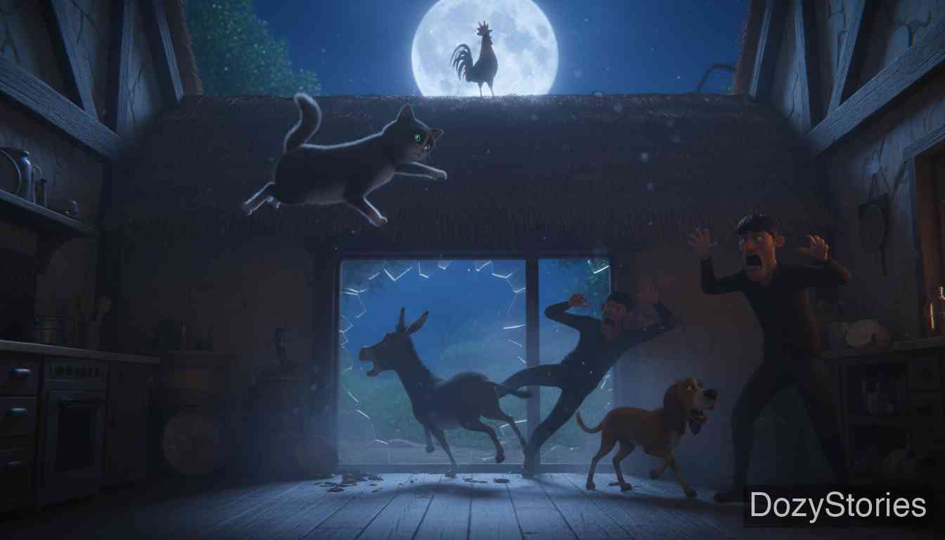 The Bremen Town Musicians - A robber sneaks back and meets each animal in turn, so the four musicians keep their new home for good. - Scene Illustration 5