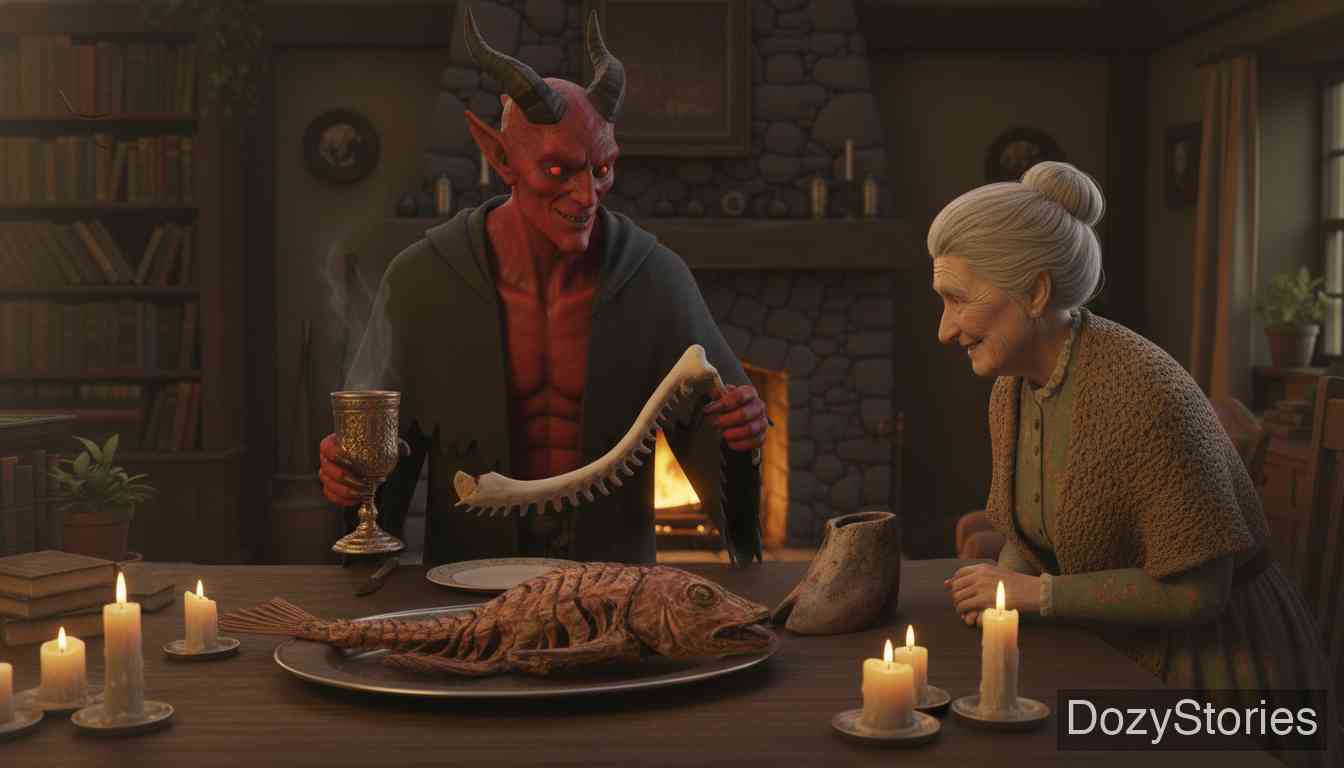 魔鬼和他的祖母 - 半夜魔鬼回家吃饭,祖母在闲谈中不动声色地套出了谜底:烤肉是死狗鱼,汤匙是鲸鱼肋骨,酒杯是老马的空蹄。 - 场景插画 4