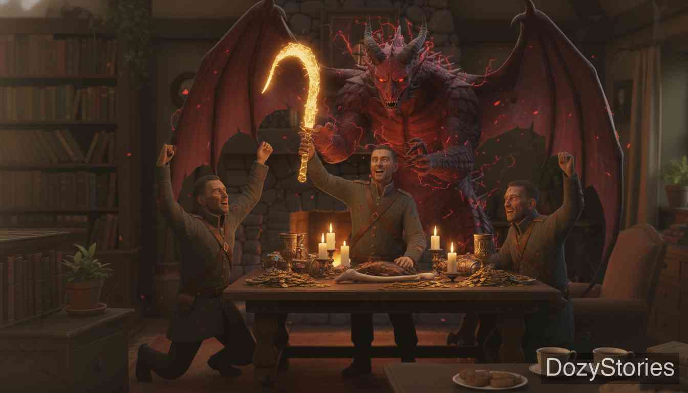魔鬼和他的祖母 - 士兵赶回同伴身边,三人依次答出谜底。魔鬼恼羞成怒,怪叫一声飞走了。士兵们留下神鞭,从此衣食无忧,安稳度日。 - 场景插画 5