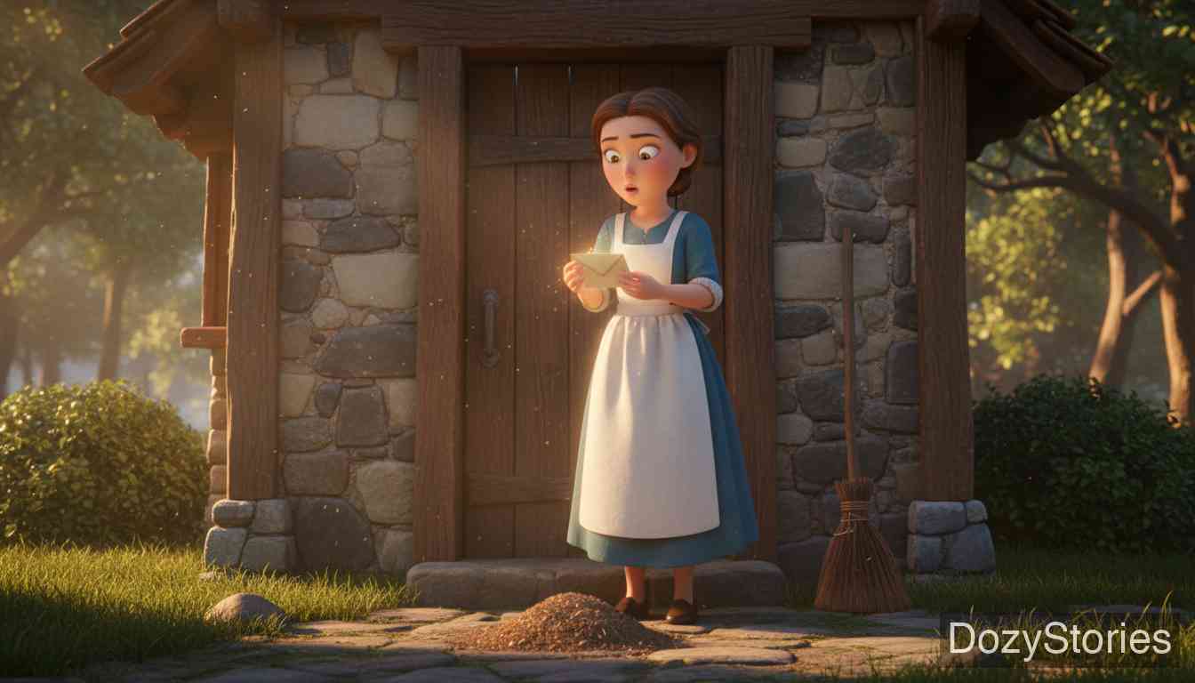 The Elves and the Servant Girl - The hard-working servant girl finds a mysterious letter on the rubbish heap by the door. - Scene Illustration 1