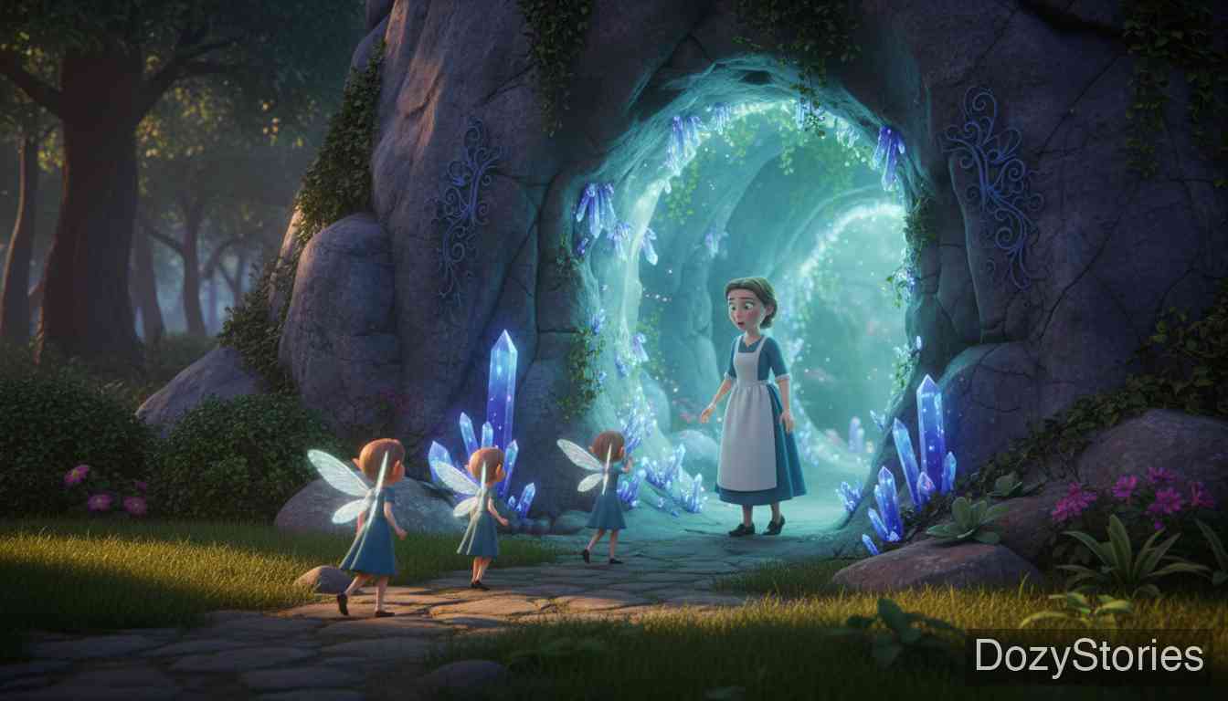 The Elves and the Servant Girl - The girl accepts the invitation and is led into the elves' beautiful hollow mountain. - Scene Illustration 2