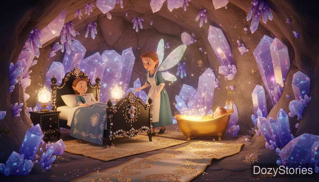 The Elves and the Servant Girl - In the exquisite chambers, the girl becomes godmother to the baby and is begged to stay. - Scene Illustration 3