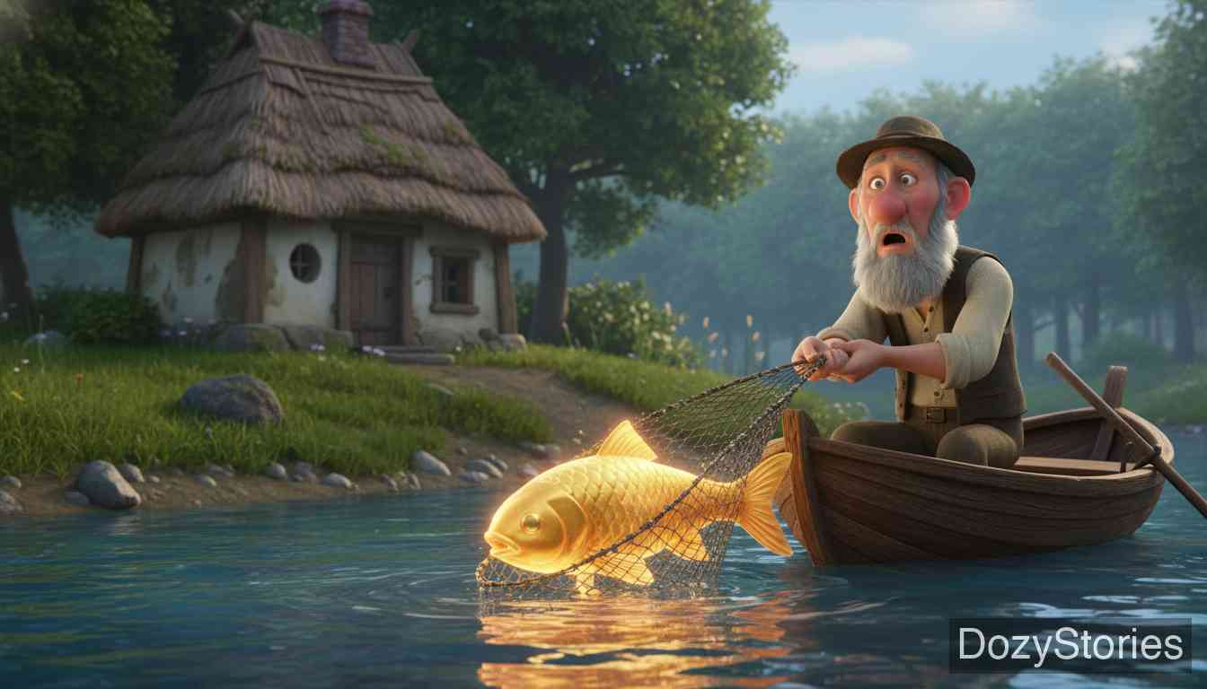 The Gold-Children - A poor fisherman catches a wish-granting golden fish, but twice loses the magical castle and riches due to his wife's uncontrollable curiosity. - Scene Illustration 1