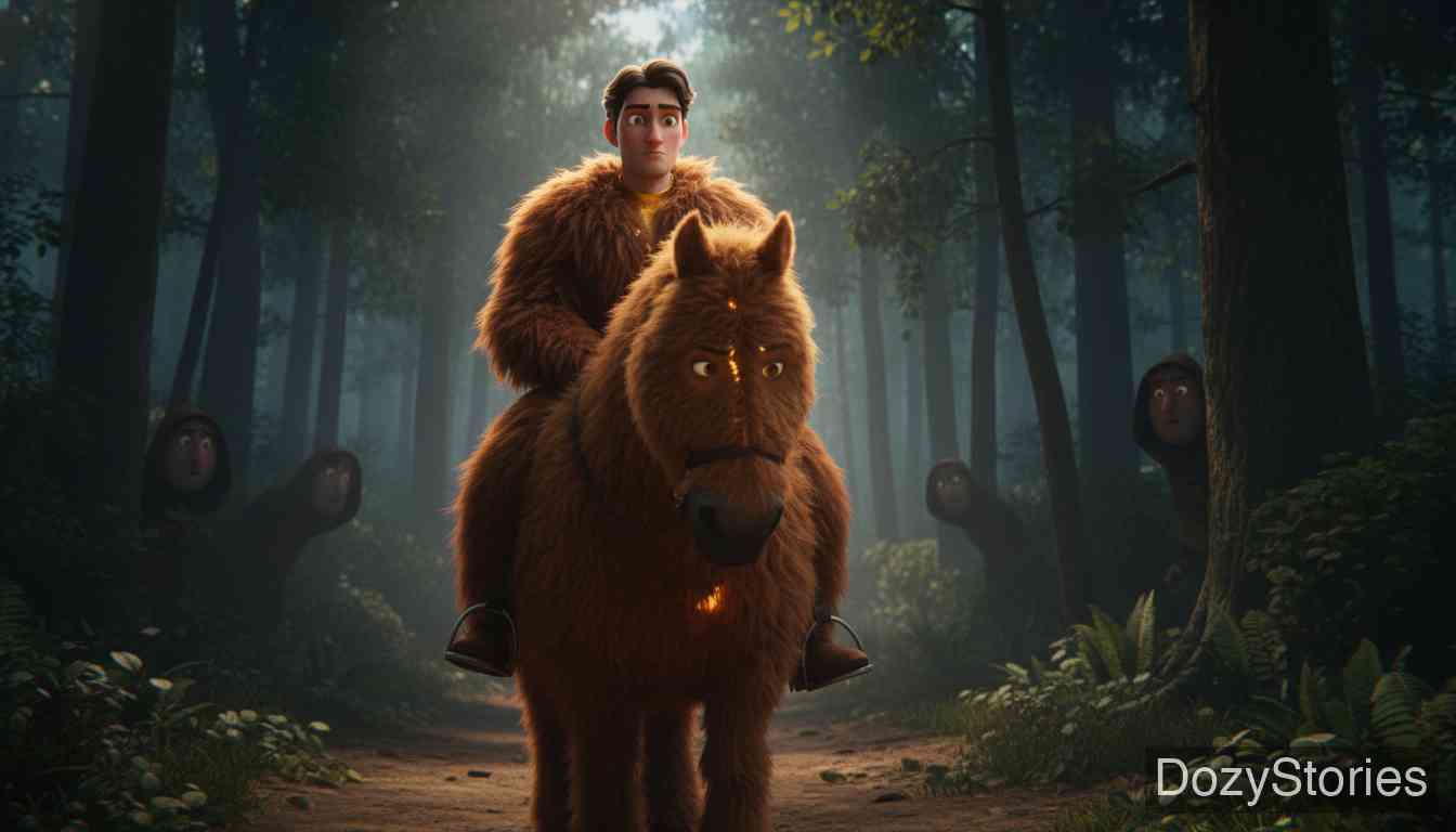 The Gold-Children - The gold-child disguises himself in bear-skins to cross the forest, reaches a village, and falls in love with a maiden. They marry, but the father-in-law nearly kills him, mistaking him for a vagabond. - Scene Illustration 3