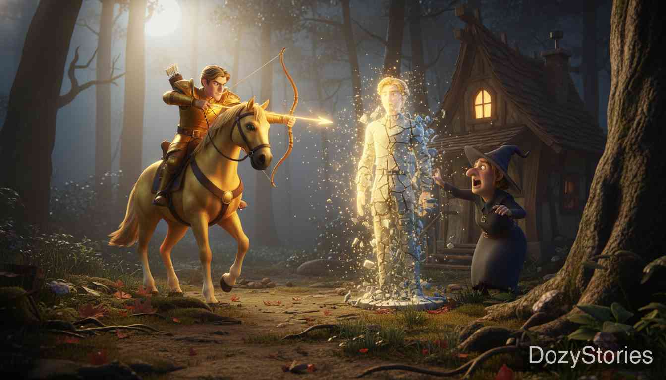 The Gold-Children - Seeing the golden lily droop, the brother at home knows disaster has struck. He rides his golden horse to the rescue, threatens the witch, forces her to restore his brother, and they are happily reunited. - Scene Illustration 5