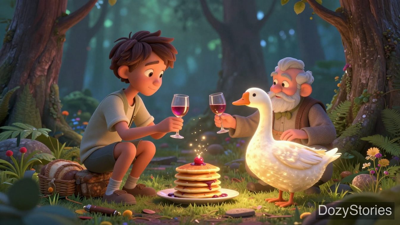 The Golden Goose - The Simpleton shares his food and finds a golden goose under an old tree - Scene Illustration 2