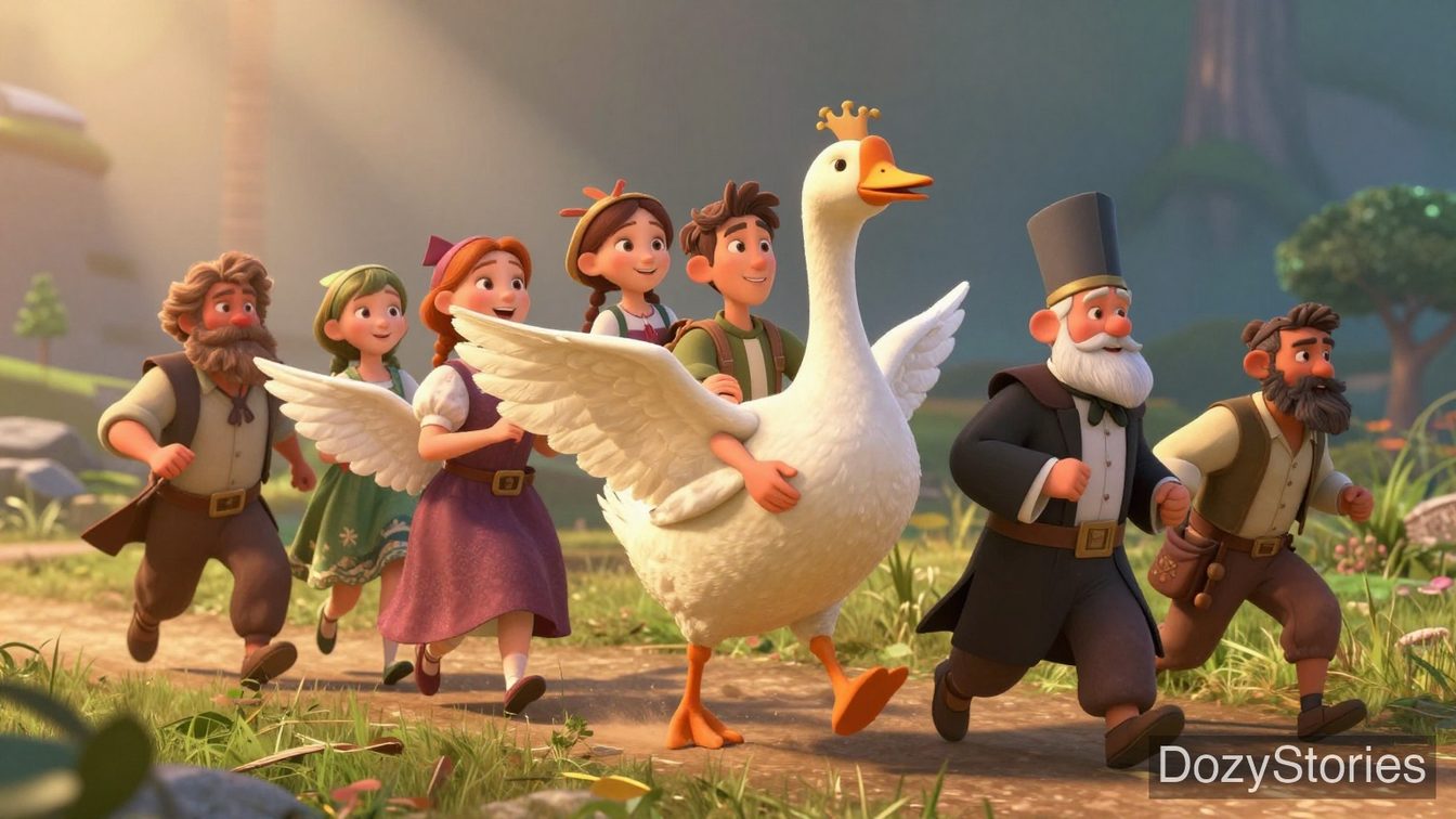 The Golden Goose - Greedy people stick to the golden goose one by one and form a long line - Scene Illustration 3
