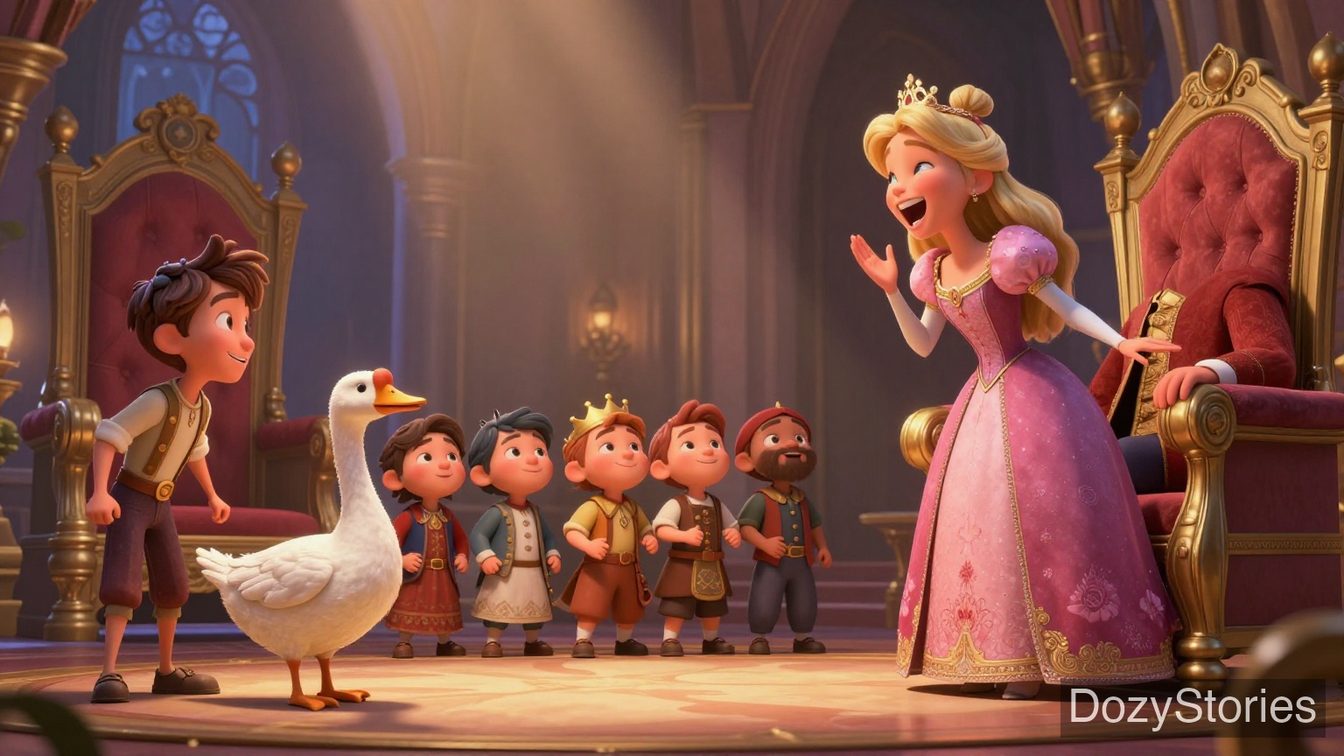 The Golden Goose - The funny line of stuck people makes the princess, who never laughs, laugh out loud - Scene Illustration 4