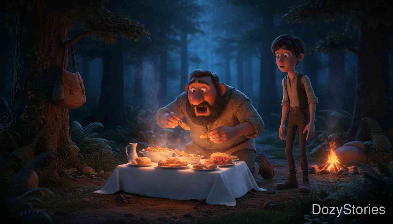 The Knapsack, the Hat, and the Horn - The youngest treats a charcoal burner to a fine meal and trades his cloth for an old knapsack that summons soldiers at a tap, then sends the soldiers to fetch the cloth back. - Scene Illustration 2