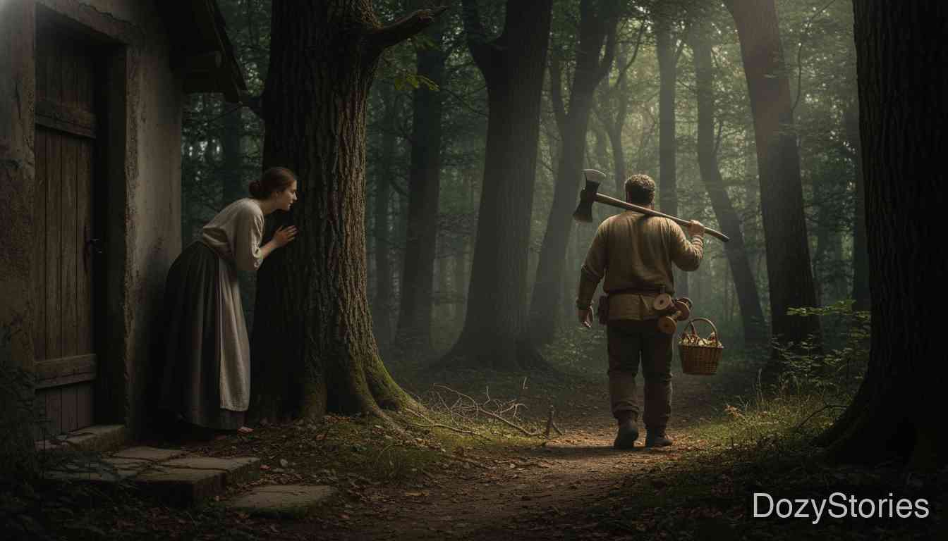 The Lazy Spinner - A very lazy wife refuses to spin. When her husband goes to the forest to cut wood for a reel, she follows him in secret and hides in the bushes to hatch a trick. - Scene Illustration 1