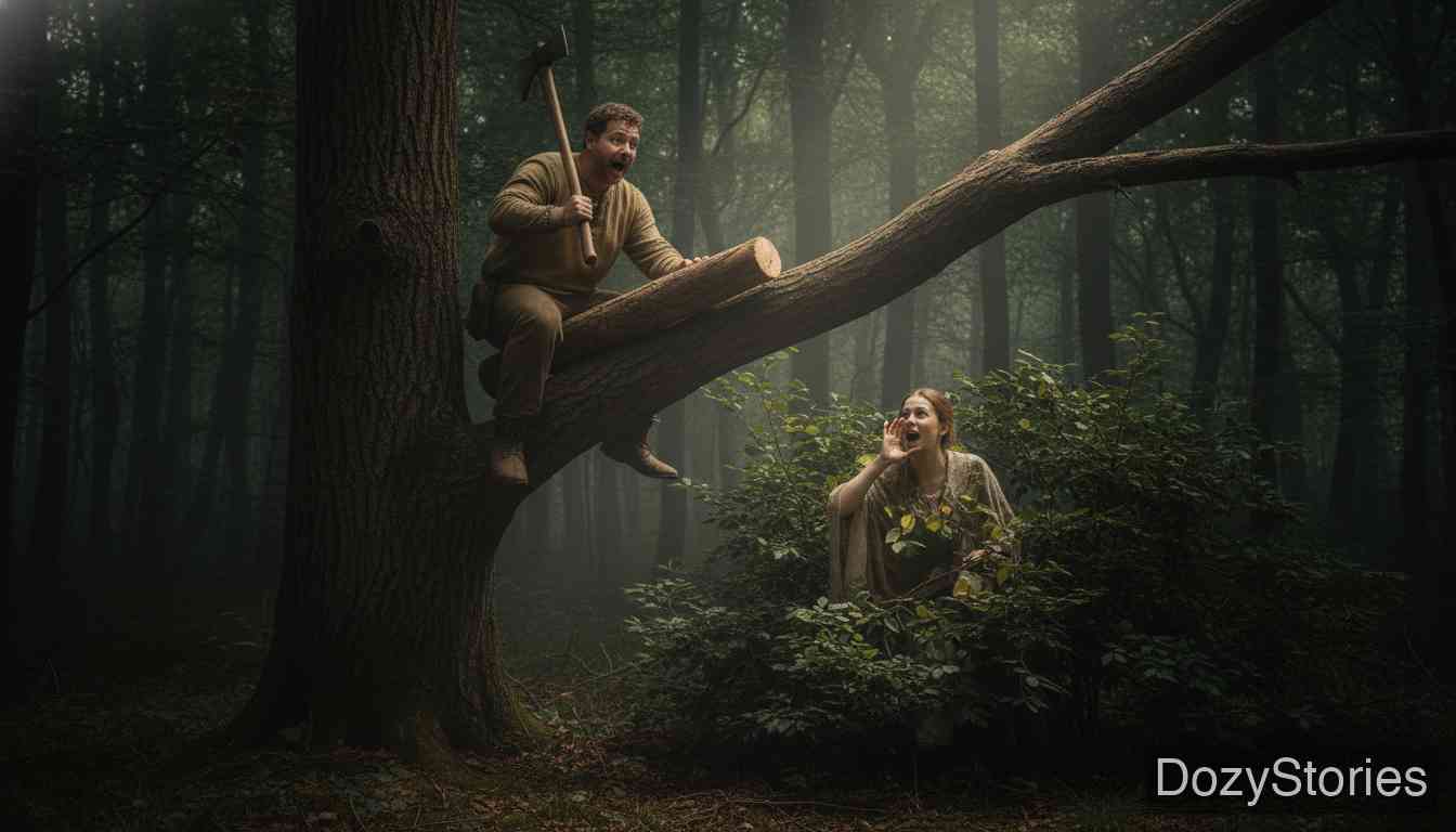 The Lazy Spinner - Hidden in the bushes, the wife chants a curse three times. The man up in the tree is so frightened that he puts down his axe and dares not chop again. - Scene Illustration 2