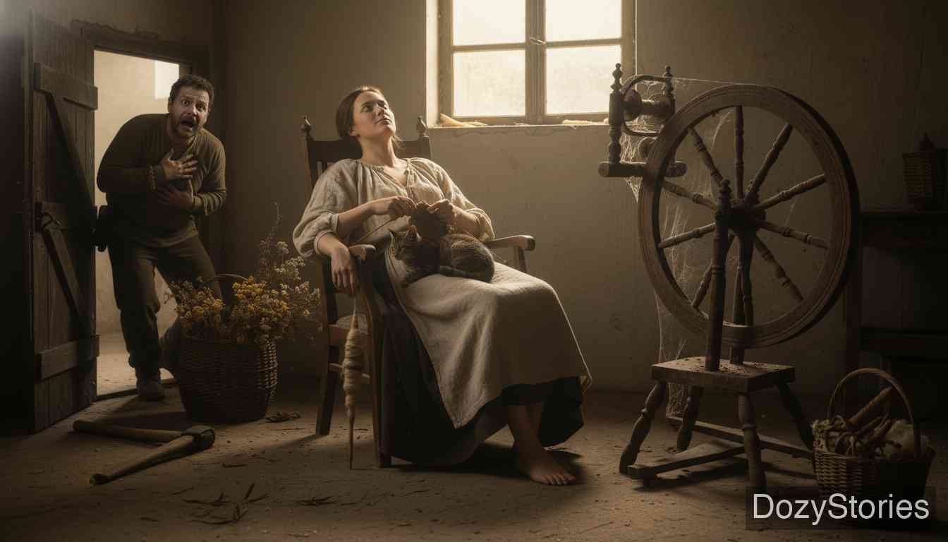 The Lazy Spinner - The frightened husband hurries home, while the wife takes a short path and gets there first, looking innocent. He never mentions the reel again. - Scene Illustration 3
