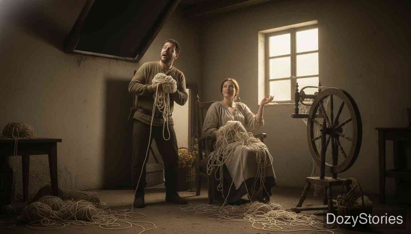 The Lazy Spinner - Days later the husband complains about the tangled yarn. The wife suggests tossing it between the loft and the ground to make a skein — while already planning her next trick. - Scene Illustration 4