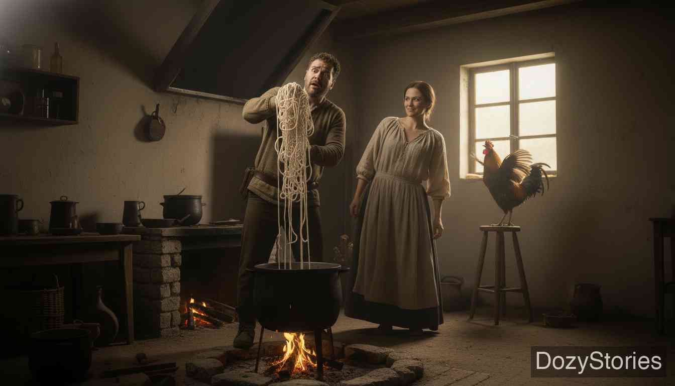 The Lazy Spinner - In the morning the wife boils tow instead of yarn, warning that the yarn will turn to tow if the cock crows while her husband is not watching. He blames himself and never speaks of spinning again. - Scene Illustration 5