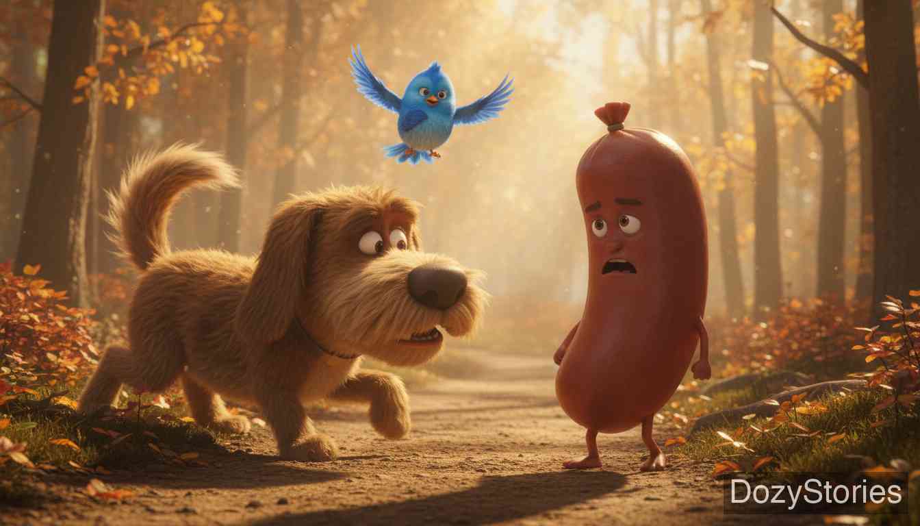The Mouse, the Bird, and the Sausage - The sausage goes to the forest for the first time, only to lose her life to a cruel dog. - Scene Illustration 3