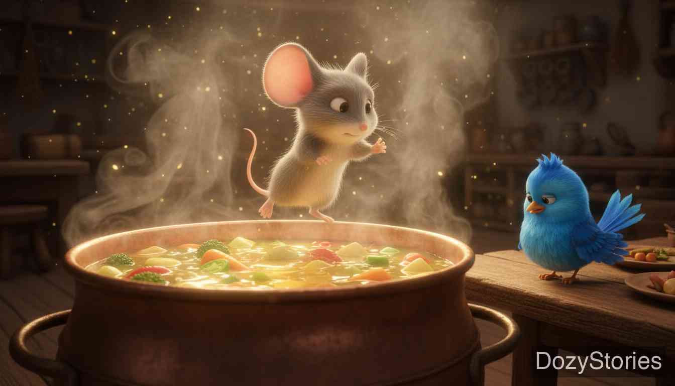 The Mouse, the Bird, and the Sausage - The mouse tries to cook the sausage's way and scalds herself to death in the pot. - Scene Illustration 4