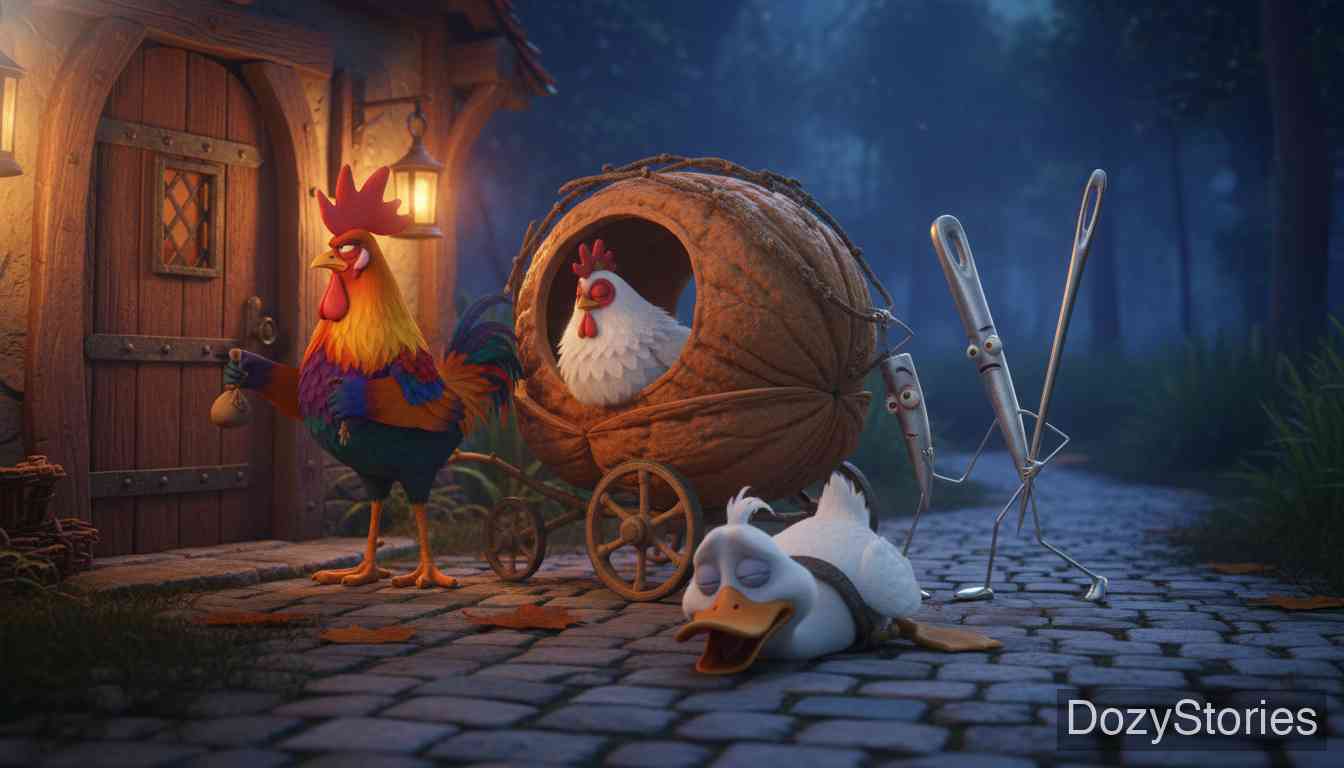 流氓无赖 - 半路上,他们捎上两个醉醺醺的行人——大头针与缝衣针;天擦黑时赶到一家客栈,靠许诺送蛋送鸭,才说动店主留宿一夜。 - 场景插画 3