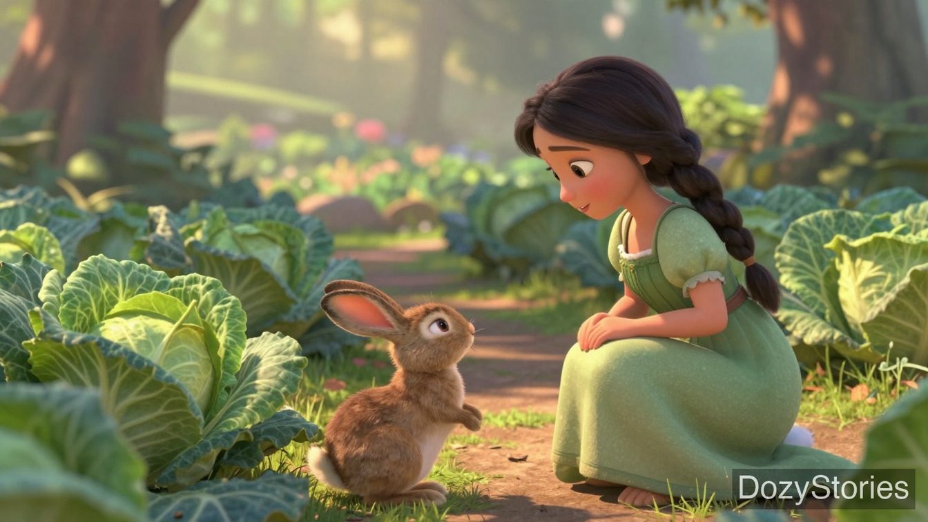 The Rabbit and the Maiden - The hare returns the next day to nibble the cabbages again, and the maiden still shakes her head and refuses - Scene Illustration 2