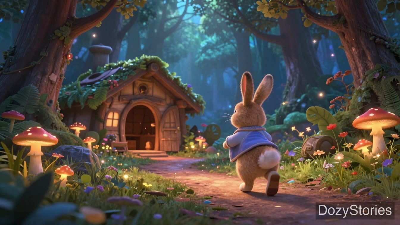 The Rabbit and the Maiden - On the third visit, the maiden sits on the hare's tail and is carried to its hutch - Scene Illustration 3
