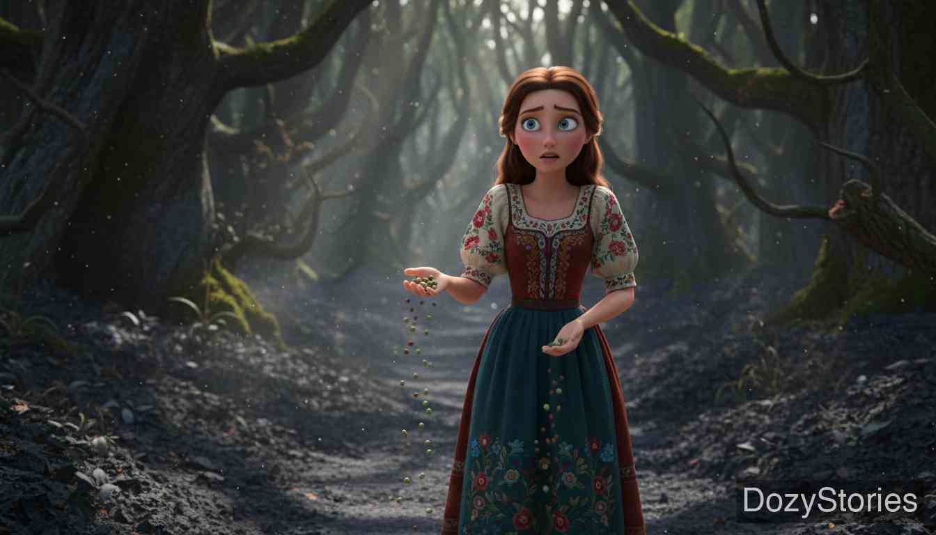 The Robber Bridegroom - The miller's daughter feels a cold fear about her groom, yet she agrees to visit his house in the deep forest and secretly drops beans along the way. - Scene Illustration 1