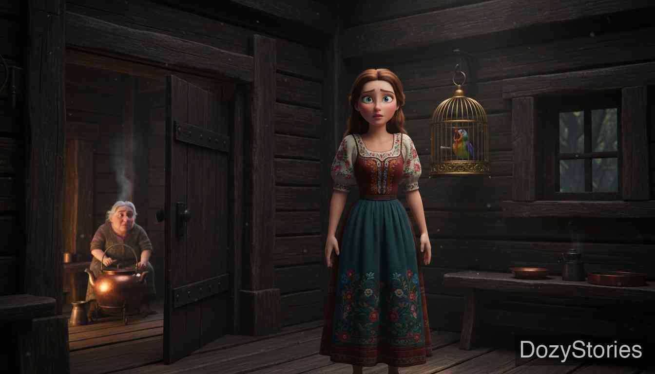 The Robber Bridegroom - The girl follows the ashes to a lonely house in the darkest wood; no one is inside, but a caged bird cries a warning of danger. - Scene Illustration 2