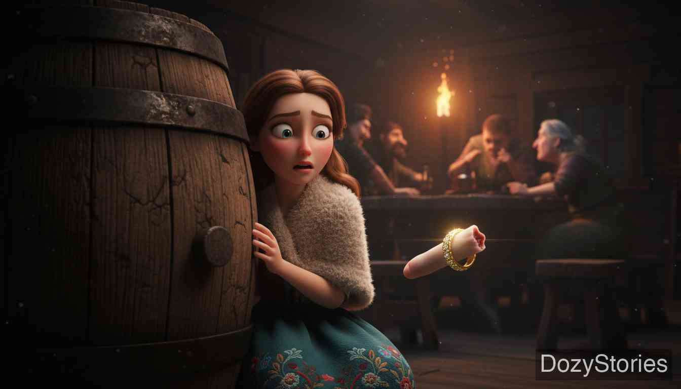 The Robber Bridegroom - Hidden behind a great barrel, the girl watches the robbers' cruel deed, and a finger with a gold ring lands in her lap. - Scene Illustration 3