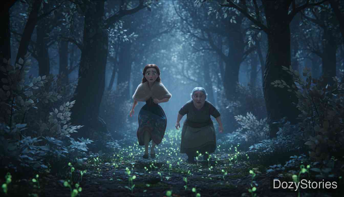 The Robber Bridegroom - The robbers fall into a drugged sleep, and the girl flees with the old woman; under the moonlight her sprouted beans show the way home. - Scene Illustration 4