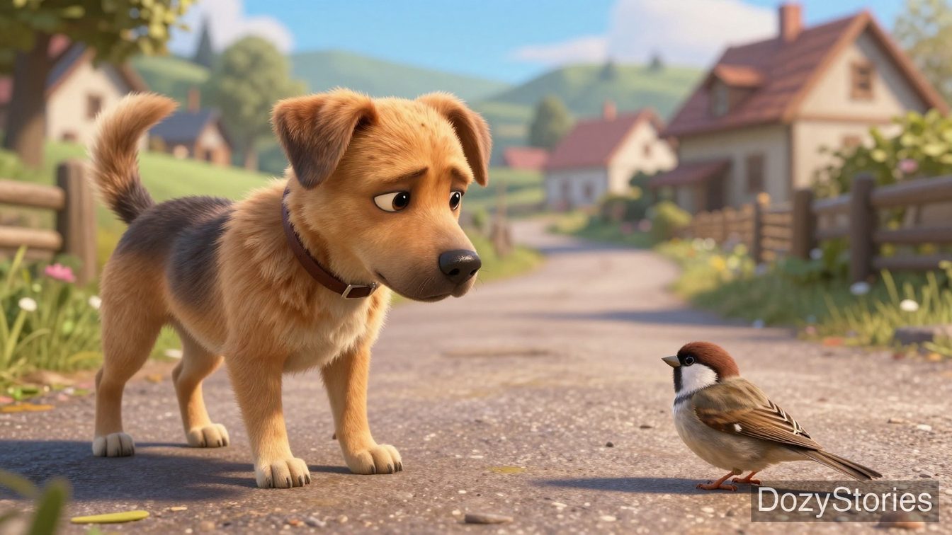The Sparrow and the Dog - A starving dog runs away from home and meets a kind little sparrow on the road - Scene Illustration 1