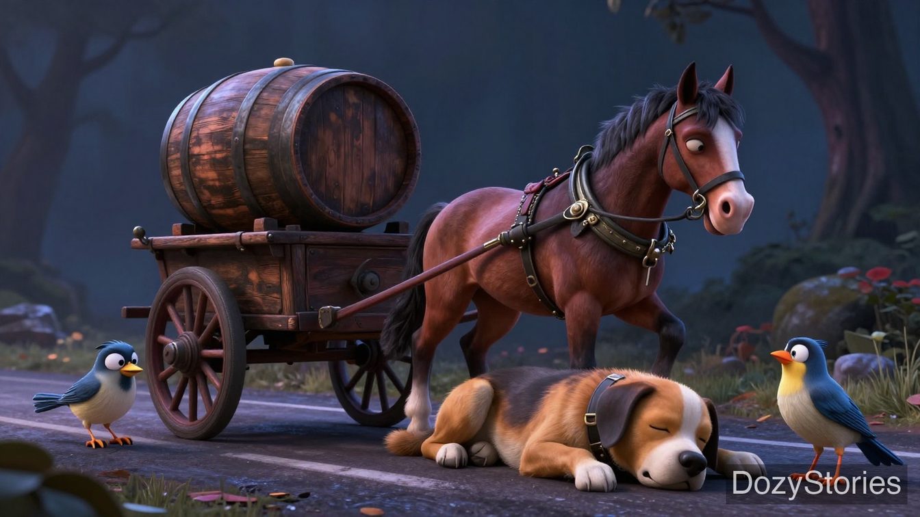 The Sparrow and the Dog - A cruel carter runs over the sleeping dog, and the sparrow vows to see justice done - Scene Illustration 3
