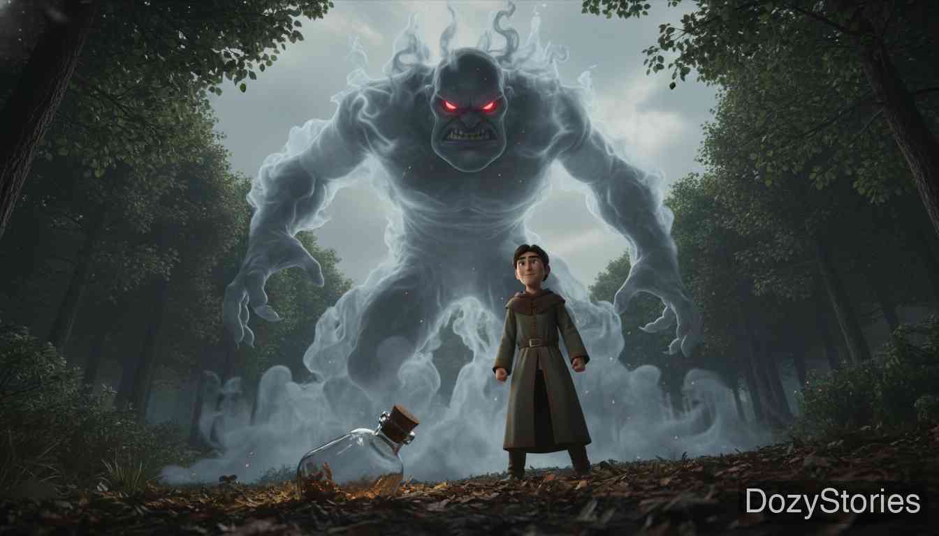 The Spirit in the Glass Bottle - A giant spirit bursts out of the bottle and vows to break the student's neck as a reward. Keeping his head, the student dares the spirit to crawl back into the bottle, then seals it shut. - Scene Illustration 2