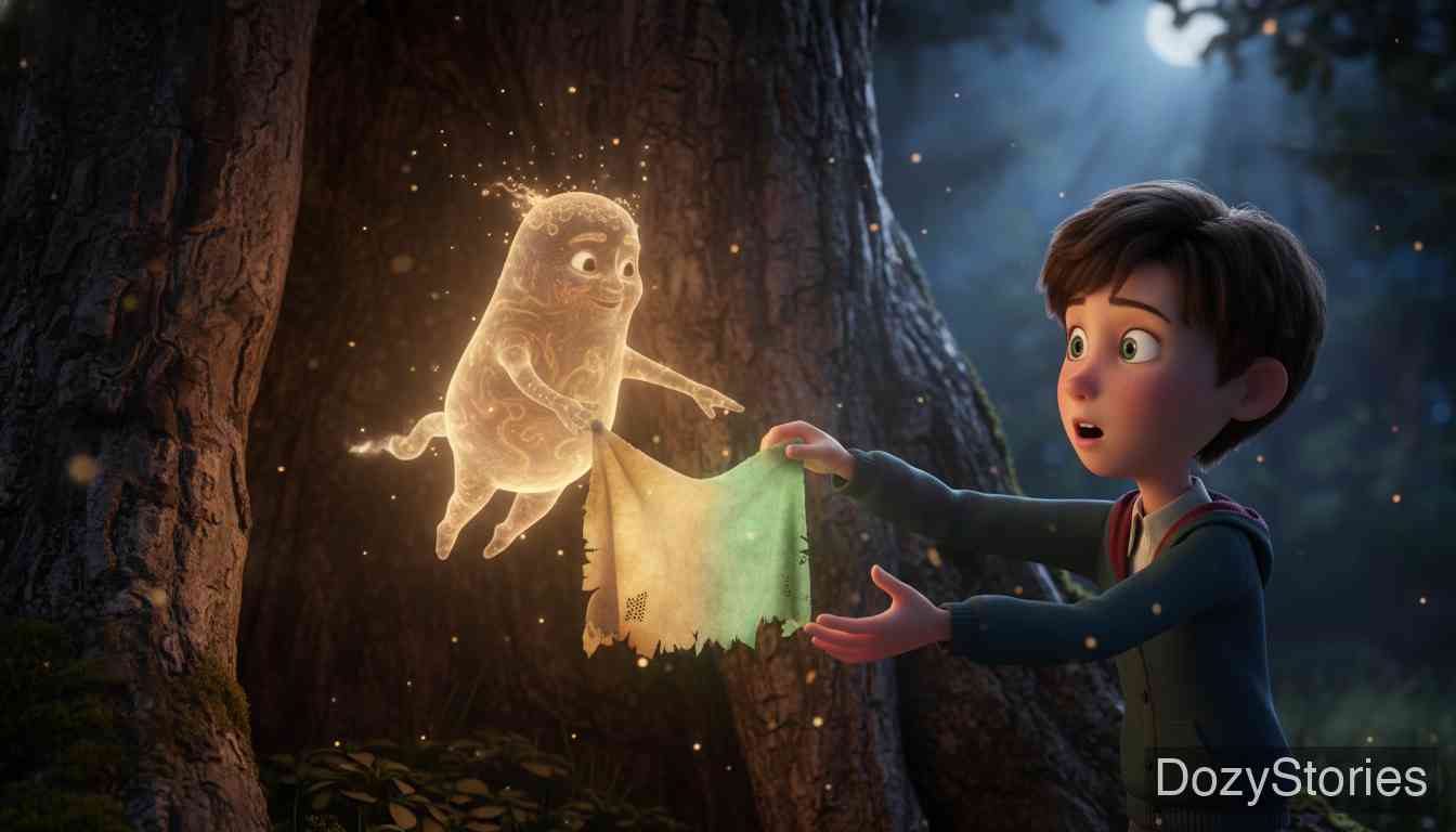 The Spirit in the Glass Bottle - The spirit begs from inside the bottle and promises lifelong wealth. The student takes the risk and sets it free again, and receives a magic cloth that heals wounds with one end and turns iron into silver with the other. - Scene Illustration 3