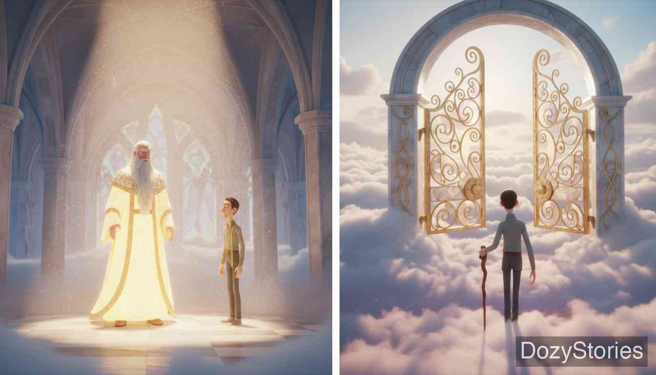 The Tailor in Heaven - The Master returns, finds his footstool missing, hears the tailor's tale, and banishes him from heaven. - Scene Illustration 5