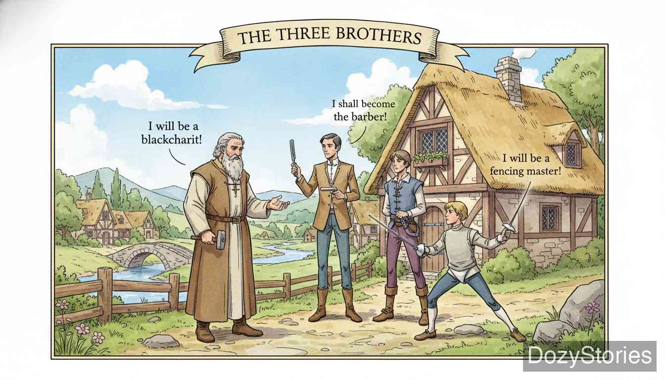 The Three Brothers - An old farmer owns just one house, and all three of his sons want it. He makes a plan: each son must go out and learn a trade, and the one whose skill is the finest shall win the house. - Scene Illustration 1