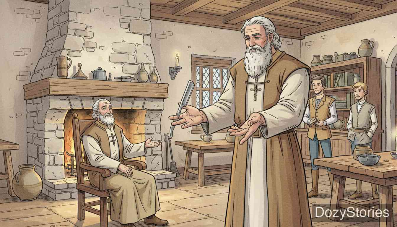 The Three Brothers - Each brother learns his craft well: the blacksmith shoes the king's horses, the barber serves rich gentlemen, and the swordsman endures hard blows. On the chosen day they come home and talk about how to show their skills. - Scene Illustration 2