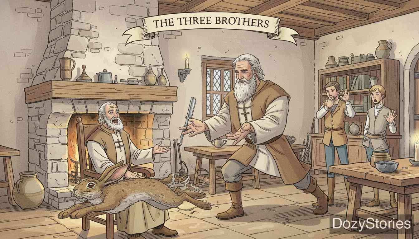 The Three Brothers - A hare dashes across the field, and the barber shaves its whiskers clean while it runs at full speed, without hurting a single hair. The father cries out in praise. - Scene Illustration 3