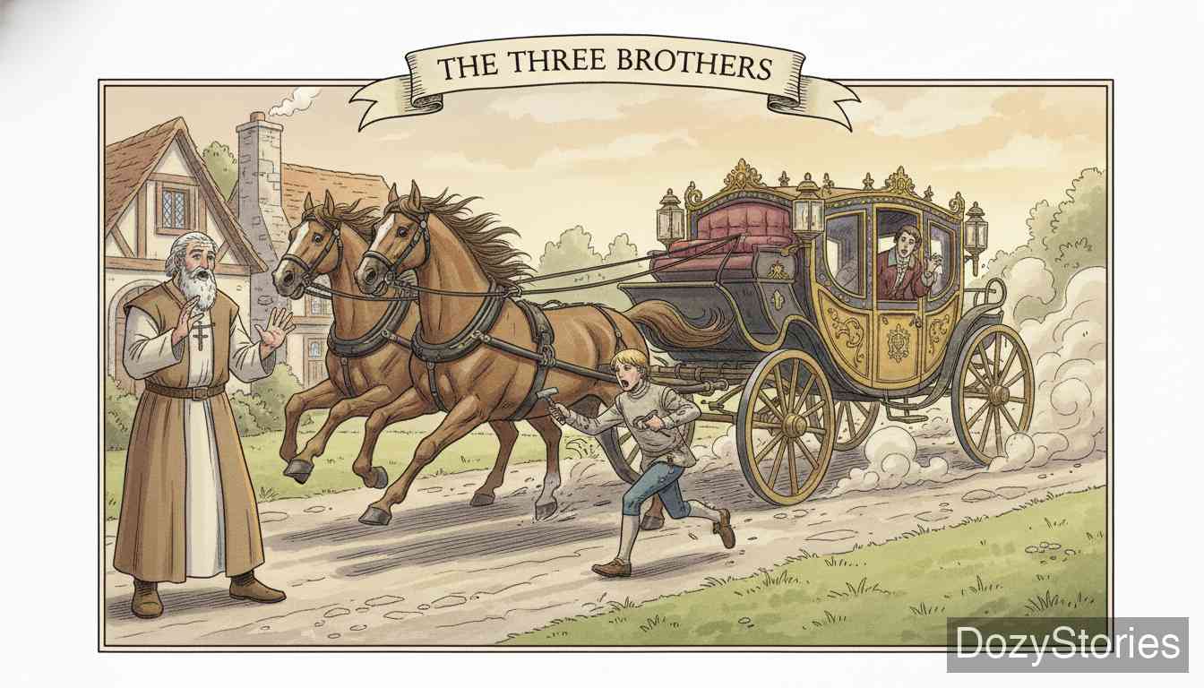 The Three Brothers - A nobleman races by in his coach, and the blacksmith chases it, swapping the horse's old shoes for new ones while it still gallops. The father can no longer tell who should win. - Scene Illustration 4