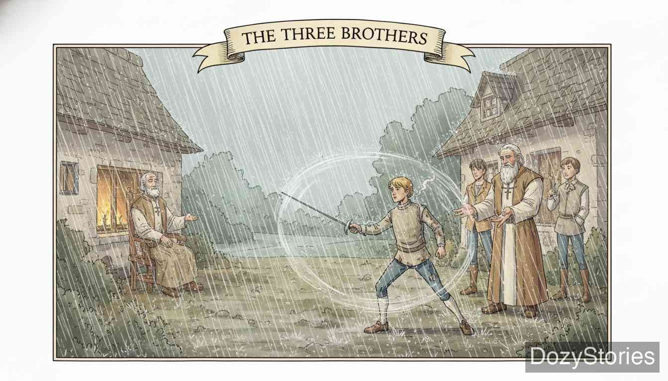 The Three Brothers - Rain pours down, yet the swordsman swings his blade so fast that he stays dry, and the house becomes his. Still, the brothers bear no grudge; they live together in peace to old age and rest at last in the same grave. - Scene Illustration 5