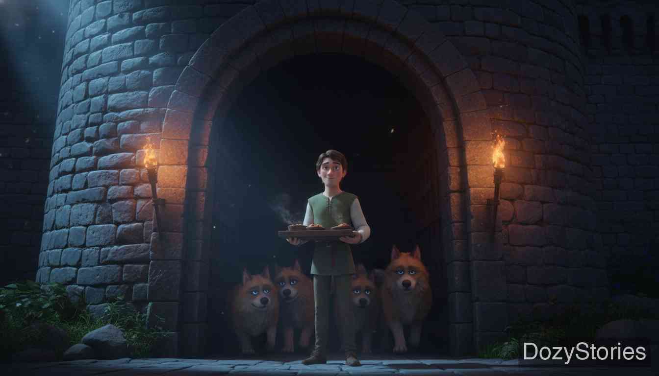The Three Languages - The youth reaches a fortress and fearlessly enters the old tower of wild dogs to spend the night. - Scene Illustration 2