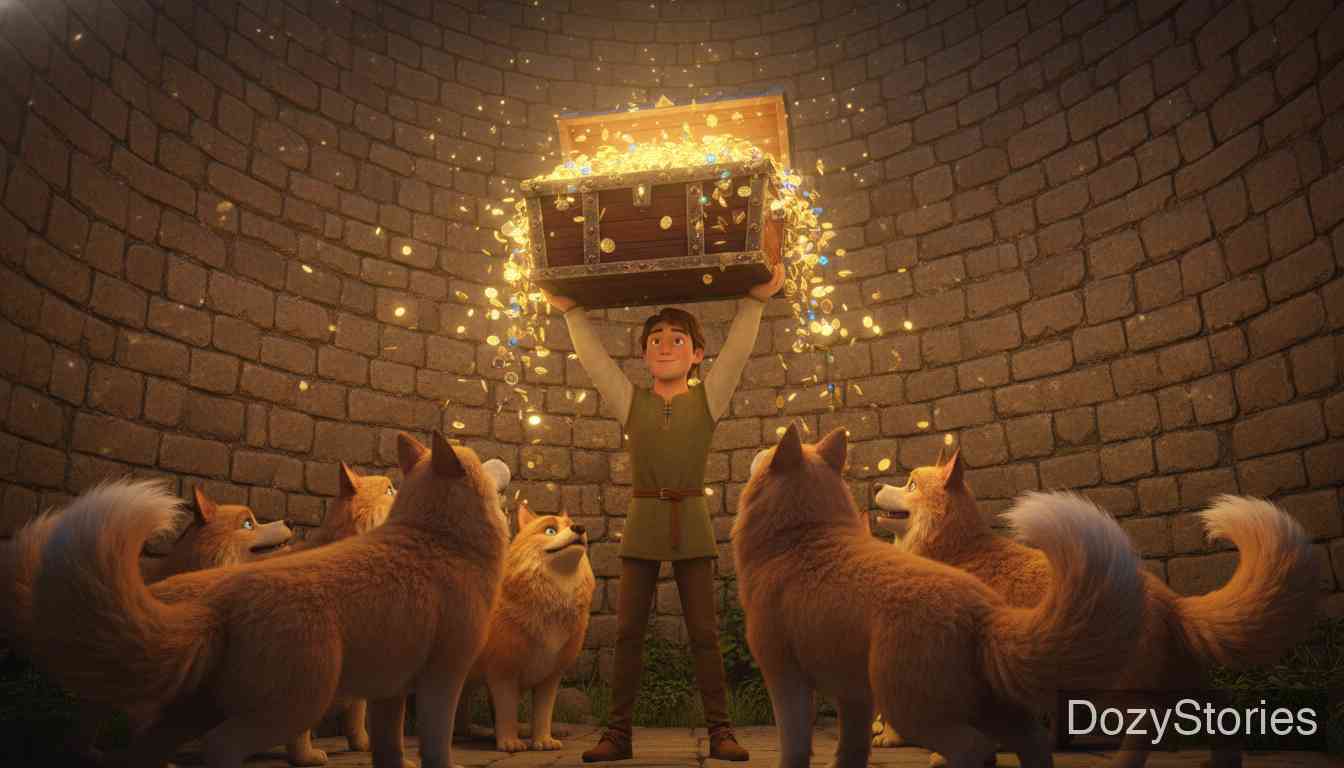 The Three Languages - He understands the dogs' speech, lifts the hidden treasure, frees the land, and is taken as the lord's own son. - Scene Illustration 3