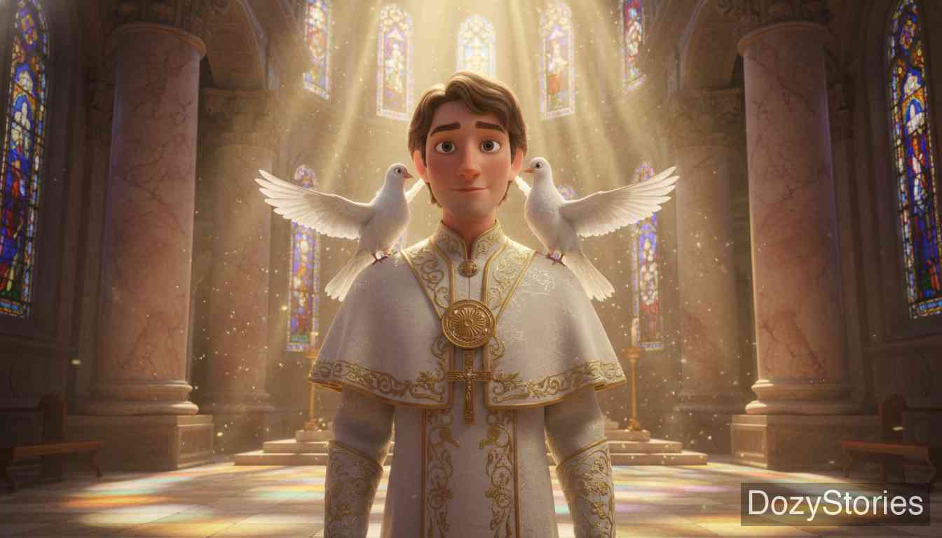 The Three Languages - Two white doves settle on his shoulders, the holy sign appears, and he becomes Pope — the frogs' words come true. - Scene Illustration 5