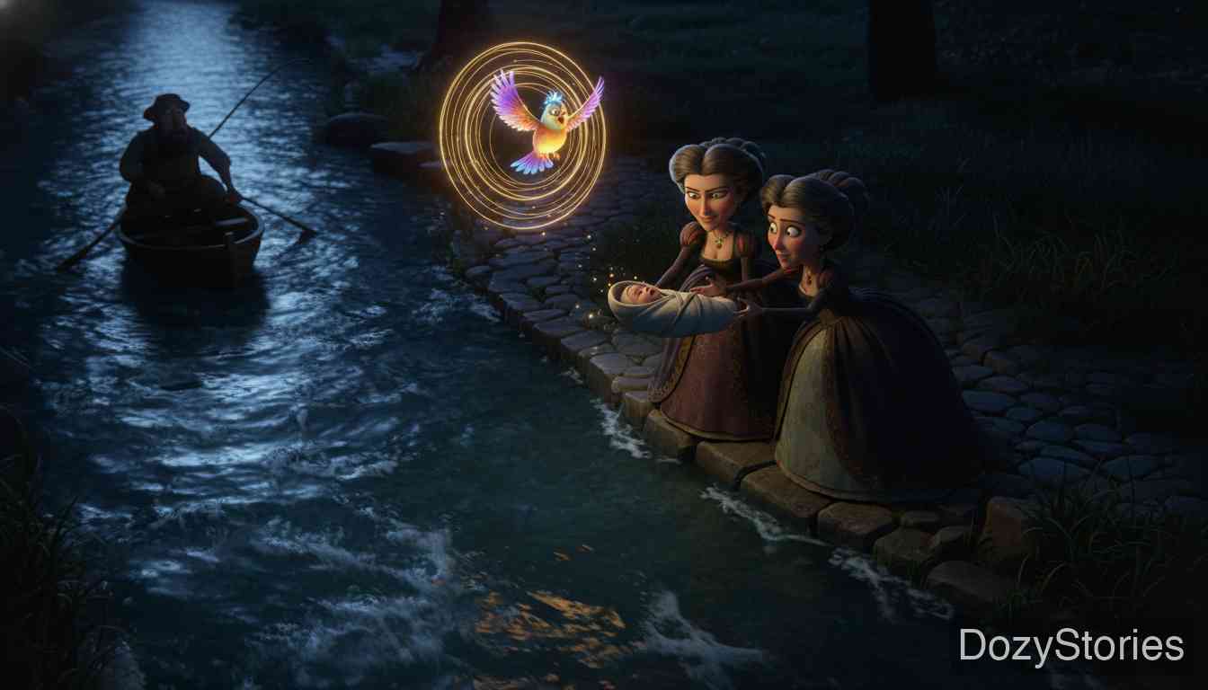 The Three Little Birds - The king marries the eldest cowherd girl, and her sisters burn with jealousy. All three of the queen's babies are thrown into the water by the wicked aunts; a little bird sings a prophecy, a fisherman saves the children, and the innocent queen is locked away. - Scene Illustration 1