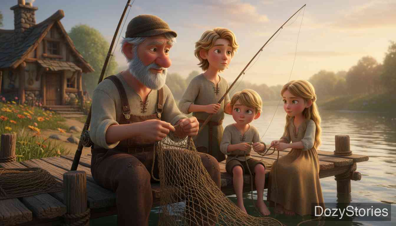 The Three Little Birds - The children grow up in the fisherman's house. Mocked as a foundling, the eldest son sets out to find his father but is carried across a great water and finds nothing. A year later, the second son walks the same road and meets the same fate. - Scene Illustration 2